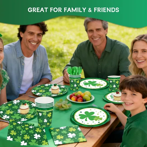 Miniatura 6 de Decoraciones para el Día de San Patricio para 24, suministros de fiesta desechables de trébol con platos llanos, platos de postre, vasos