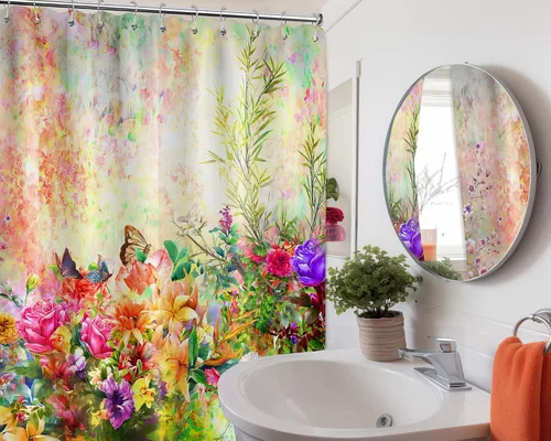 Miniatura 4 de Cortina de ducha floral para primavera y verano, flores silvestres, flores y mariposas, decoración de baño, tela impermeable con ganchos, 70