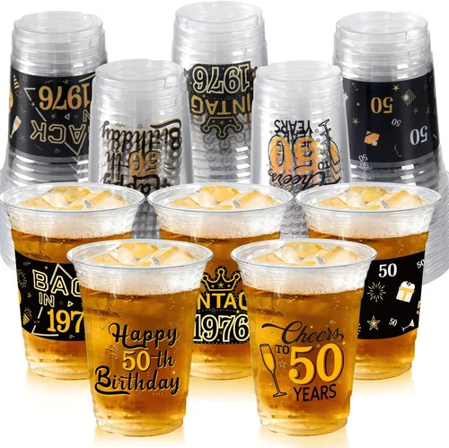 Miniatura 8 de 50 vasos de plástico para fiesta de cumpleaños número 60 a granel, 16 onzas, vasos desechables de plástico negro dorado para celebrar cumpleaños
