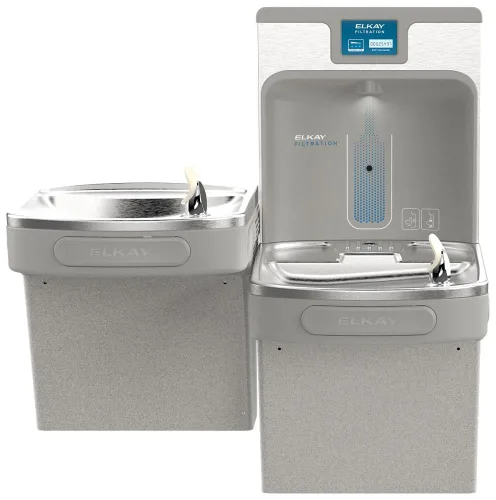 Elkay LZSTL8WSLP - Llenador de botellas mejorado y enfriador ADA de dos niveles, refrigerado, granito gris claro, alta capacidad, protector