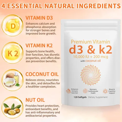 Miniatura 4 de Daiasns Vitamina D3 K2 10000iu apoya la salud muscular y cerebral - Suplemento D3 K2 de alta potencia que ayuda en el apoyo inmunológico