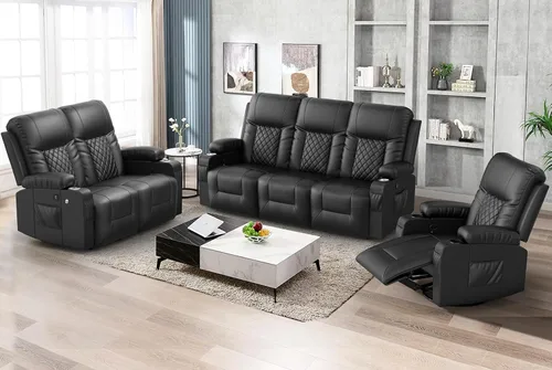 Miniatura 30 de FURNIMAT Sofá reclinable biplaza, sofá reclinable doble de 3 plazas con consola abatible, moderno sofá biplaza de cuero PU para sala de estar/casa