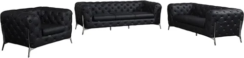 Blackjack Furniture Modena - Moderno juego de sofá de 3 piezas de cuero italiano de grano superior, elegante diseño copetudo y patas de acero Negro