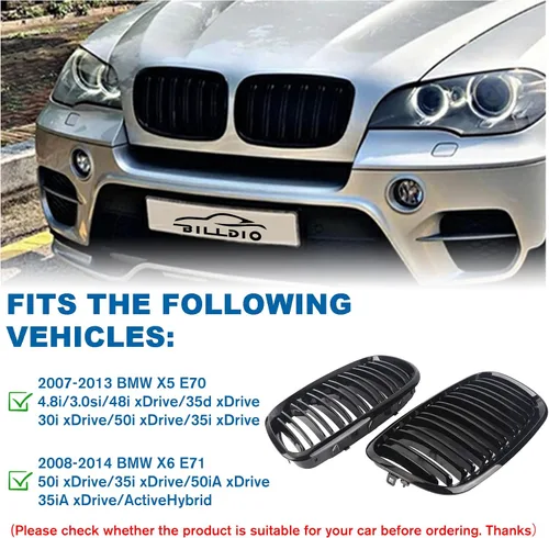 Miniatura 4 de Parrilla de riñón para parachoques delantero, color negro brillante, compatible con BMW X5 E70 X6 E71 2007-2014 doble listón doble línea