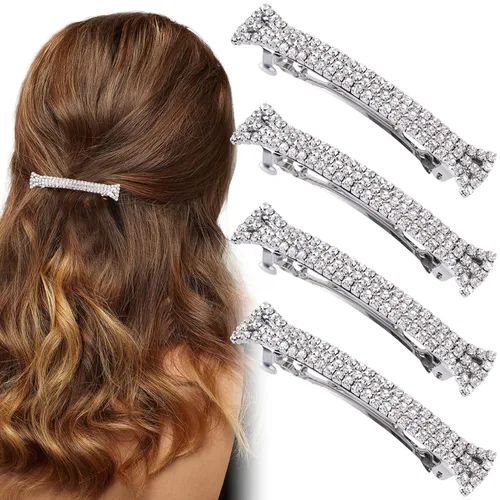 Pinzas para el cabello con diamantes de imitación, 4 unidades, pinzas para el cabello de cristal brillante, color plateado, pequeñas pinzas para el