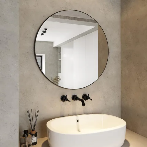 Miniatura 9 de Espejo de montaje en pared para baño, marco de metal negro, esquina redondeada, espejo de tocador de baño, espejo colgante decorativo, para sala