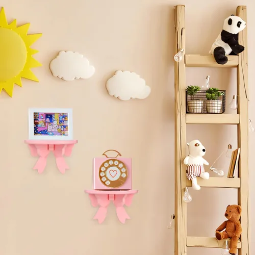 Miniatura 2 de DOITOOL Estante flotante de madera de estilo nórdico, soporte de almacenamiento de pared, diseño de lazo rosa para habitación de niños, dormitorio
