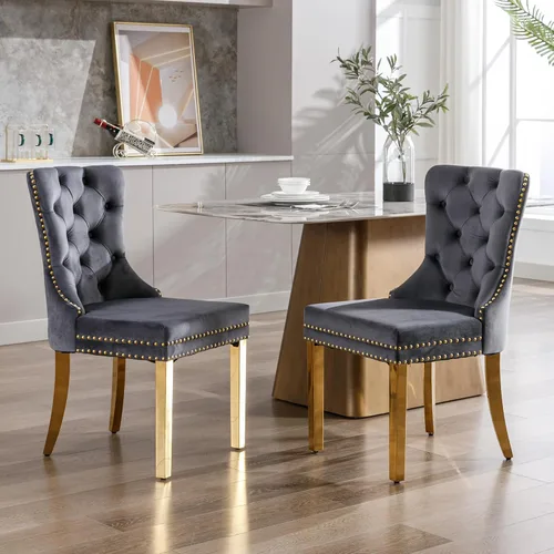 Miniatura 13 de KCC Nikki Collection - Juego de 4 sillas de comedor de terciopelo tapizadas de alta gama con anillo trasero de clavo, patas de madera maciza