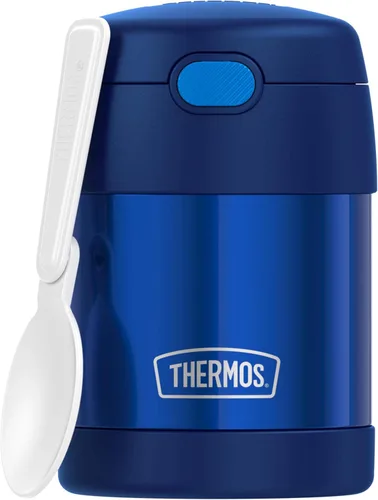 Miniatura 2 de THERMOS FUNTAINER - Tarro de comida para niños aislado al vacío de acero inoxidable de 10 onzas con cucharas plegables, azul marino y morado