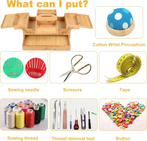 Miniatura 7 de Caja Organizadora de Costura de Madera para Suministros de Costura, Caja de Almacenamiento para Pasatiempos de Costura y Manualidades, 3 Niveles