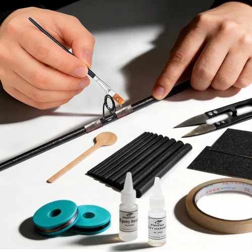 Miniatura 7 de Kit de reparación de puntas de caña de pescar, kit completo de suministros de repuesto con 8 guías de caña de tamaño, 9 puntas de tamaño, adhesivo