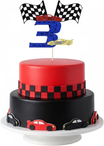 Miniatura 9 de Sleyberoy Decoración de pastel de coche de carreras con bandera a cuadros, decoración de pastel de karting, temática de carreras deportivas