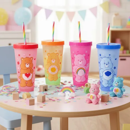 Miniatura 13 de Silver Buffalo Care Bears Corazones y Estrellas Juego de 4 Vasos de Plástico Cambian de Color con Popotes de Espiral Arcoíris con Tenderheart