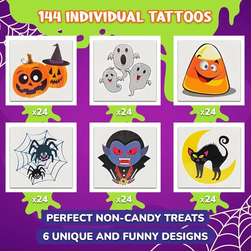 Miniatura 2 de ArtCreativity Tatuajes temporales de Halloween para niños, paquete de 144-2 pulgadas, no tóxicas, calcomanías para niños y niñas, lo mejor