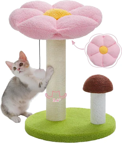 Miniatura 9 de PETEPELA Poste rascador para gatos, rascador para gatos en forma de hongo, bonita torre de árbol para gatos con poste rascador grueso y cama