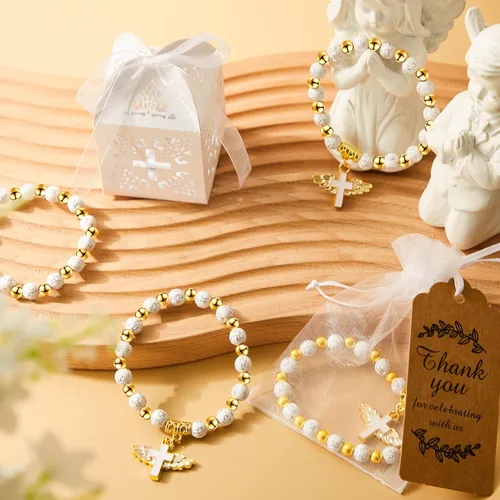 Miniatura 5 de El juego de 200 recuerdos de bautismo incluye 50 pulseras de rosario de cruz de ángel, 50 cajas de bautismo con cinta, 50 etiquetas