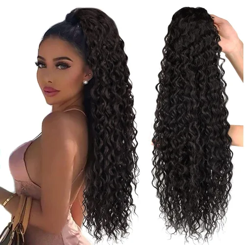 Miniatura 11 de Extensiones de cola de caballo de color marrón oscuro, extensiones de cabello humano real rizado con cordón, extensiones de cabello humano real