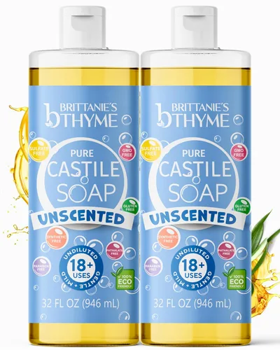 Repuesto de Jabón Líquido de Castilla Puro Brittanie's, Sin Fragancia, Paquete de 2 de 32 Onzas | Jabón para Platos, Cabello y Cuerpo, Hogar, Suave