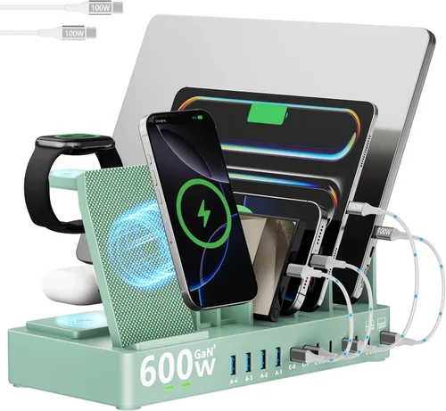 Miniatura 9 de Estación de carga de 600 W para múltiples dispositivos, estación de carga inalámbrica 15 en 1 para Apple, estación de carga dual USB C de 100 W