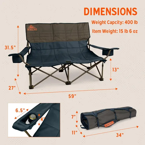 Miniatura 3 de Silla Kelty Low Loveseat sobredimensionada de 2 plazas plegable resistente para campamento, asiento doble para partidos de fútbol, reuniones previas