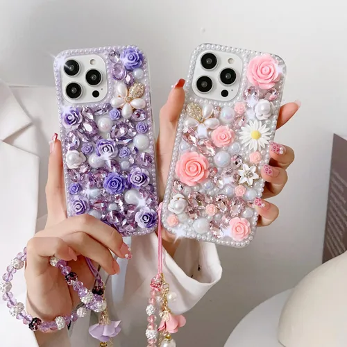 Miniatura 7 de para iPhone 14 Pro - Funda con Purpurina y Diamantes de Imitación, de Lujo, con Cristales Brillantes, Flores de Rosa, Perlas Florales, Pulseras