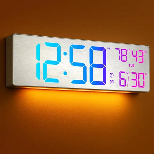 MASHI Reloj de pared digital grande de 18.5", con control remoto, doble alarma con gran pantalla LED, 10 niveles de brillo ajustable, DST, fecha,