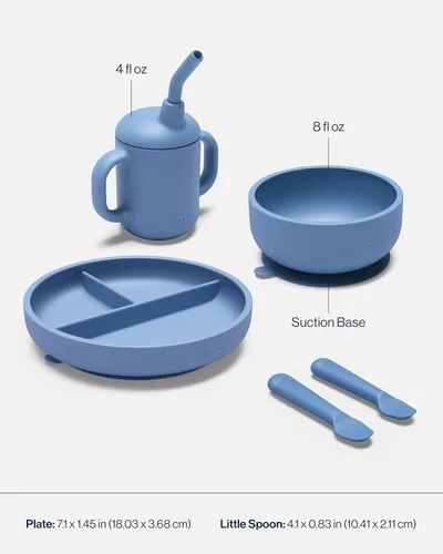 Miniatura 5 de Lalo First Bites - Juego de alimentación de silicona para bebés, suministros de destete para bebés, silicona no tóxica, incluye 1 babero, 2 Azul