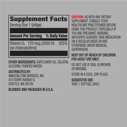 Miniatura 3 de Amazon Elements Vitamina D3, 5000 UI, 180 cápsulas blandas, suministro para 6 meses y biotina 5000 mcg, vegano, 130 cápsulas
