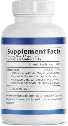 Miniatura 9 de Complejo de magnesio - 8 formas de magnesio elemental para una máxima absorción - Fórmula de alta potencia de 1000 mg - Apoya los huesos, músculos
