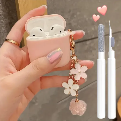 Miniatura 33 de Bonita funda negra para Airpods de 2ª/1ª generación para niñas y mujeres, con llavero de pompón de flores y kit de limpieza, funda protectora tipo