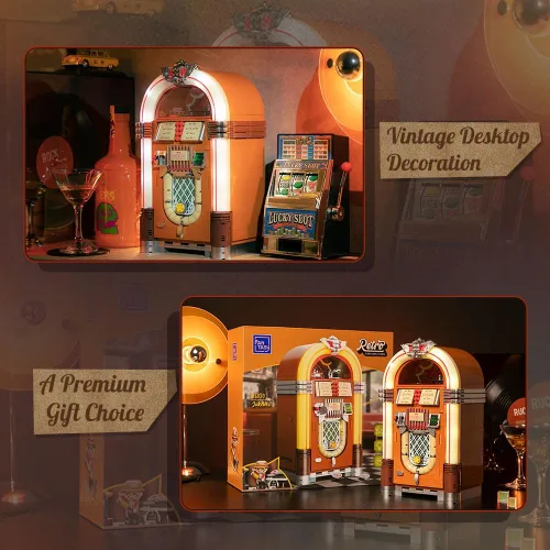 Miniatura 6 de PANTASY Kit de construcción retro Jukebox con función de moneda y sonido, modelo de caja de música mecánica con discos acrílicos, estudio