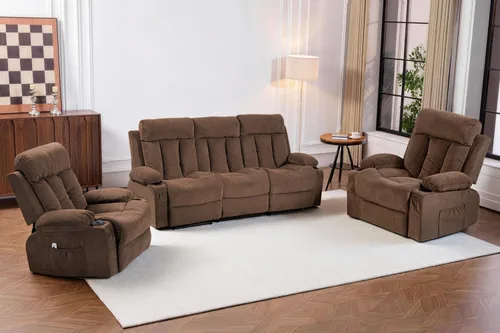 Miniatura 18 de Juego de sofá reclinable manual, 3 piezas con bolsillos laterales, portavasos para cine en casa, oficina (azul, sofá biplaza+silla)