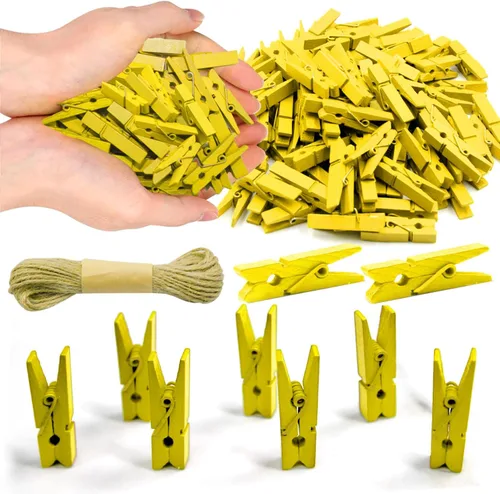 Miniatura 9 de Mini Pinzas de Ropa de 1.35 Pulgadas para Fotos, 100 Piezas con 32 Pies de Cordel de Yute, Mini Pinzas de Ropa para Manualidades, Pequeñas Pinzas