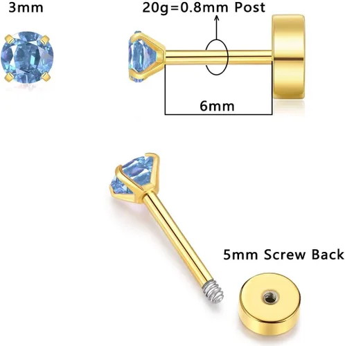 Miniatura 21 de Aretes de tuerca de circonita cúbica pequeña de 0.118 pulgadas, aretes de tuerca de oro de 14 quilates con circonita cúbica para cartílago, hélix