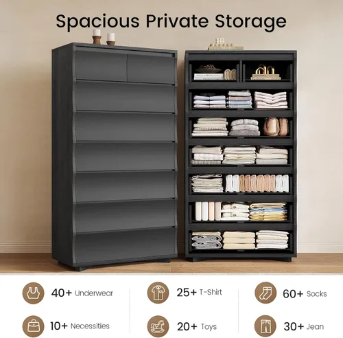 Miniatura 5 de Cómoda alta negra para dormitorio, cómoda de 61.1 pulgadas de alto con 8 cajones, cómodas de madera y cómodas, organizadores de cajones verticales