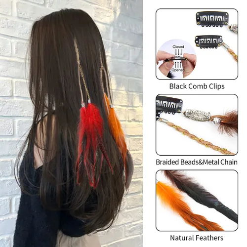 Miniatura 3 de Pinzas para el pelo de plumas, extensiones hippie hechas a mano con peine de clip, tocado de cuentas trenzadas tribales - 6