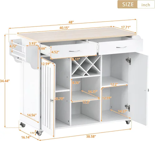 Miniatura 7 de Carrito de isla de cocina, moderno carrito móvil de isla de cocina con 2 armarios de almacenamiento y 4 ruedas de bloqueo, estante de vino, 2