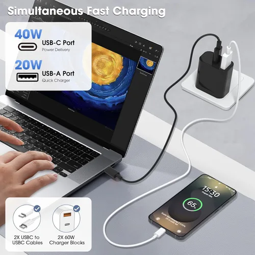 Miniatura 4 de Cargador para iPhone 17/16/15 Pro/Pro Max, cargador de pared USB-C de doble puerto con PD 40 W y carga rápida QC 20 W, cable USB-C de 10 pies