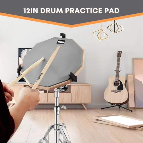 Miniatura 7 de GrowDaily Juego de Soporte para Pad de Práctica de Batería Tambores Snare de 12 Pulgadas con Pad de Tambores Silencioso de Doble Cara, Gel Gris
