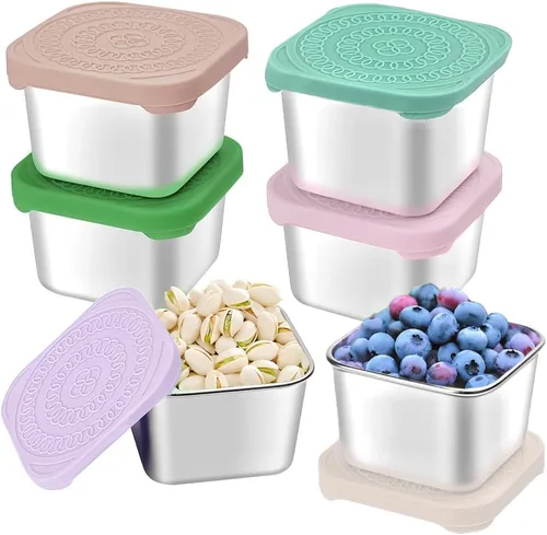 Miniatura 7 de HTEVW 6Pack 6oz Contenedores de aperitivos de acero inoxidable para niños, contenedores de aperitivos para niños de fácil apertura a prueba de fugas
