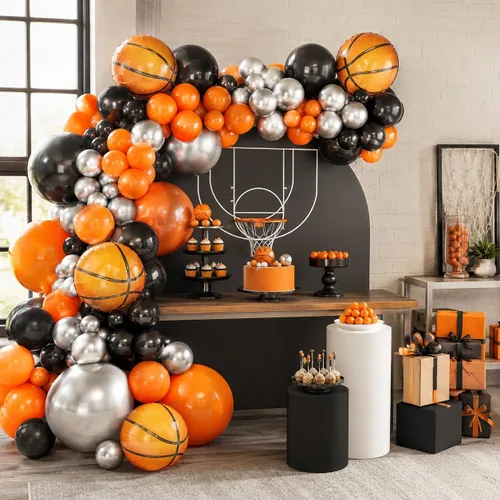 Miniatura 7 de Kit de guirnalda de globos de baloncesto, globos metálicos naranjas, negros y plateados con globos de papel de aluminio de baloncesto para Rojo Azul