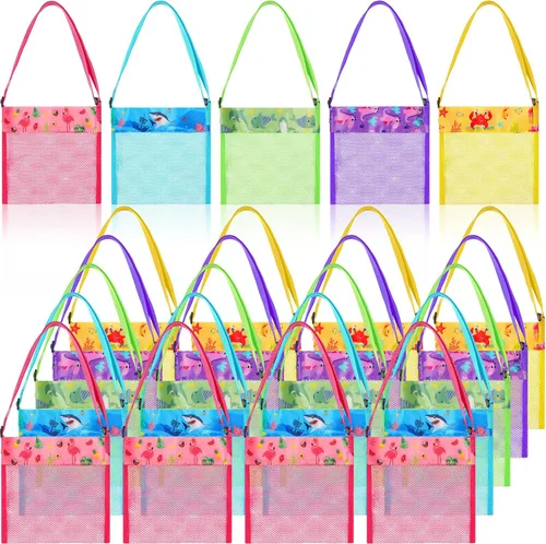 Saintrygo 30 bolsas de playa de malla para niños, juguetes de arena, bolsas de conchas a granel coloridas con correa ajustable (estilo lindo)