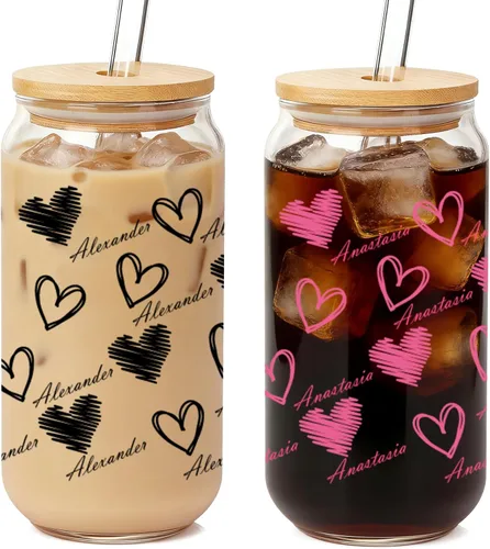 Miniatura 17 de Mason Life Vasos de Café Helado, Tazas de San Valentín Regalos para Ella Mujeres 18 OZ Taza de Corazones Vaso de Cerveza, Vasos para Beber en Pareja