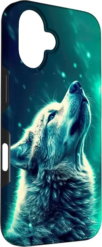 Miniatura 3 de Howling Wolf in Night Green Northern Lights Wolves Dog Lover Case for iPhone 16