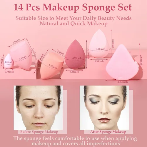 Miniatura 3 de Juego de 14 esponjas de maquillaje, esponjas mezcladoras de belleza con 4 borlas de polvo y 4 mini esponjas de maquillaje para el Día de San Rosa