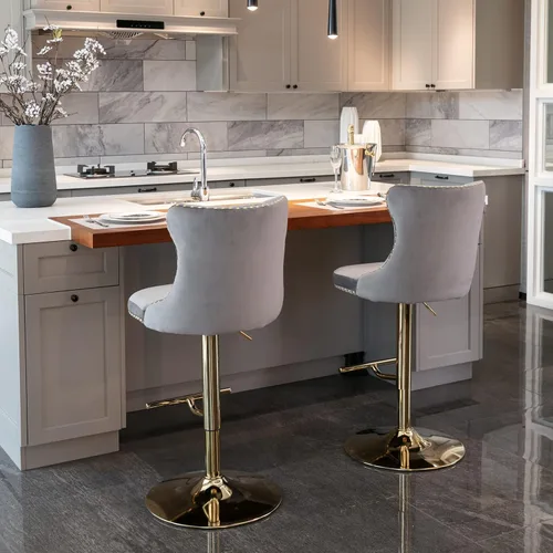 Miniatura 7 de Taburete de bar giratorio ajustable de altura de mostrador, silla de bar tapizada de terciopelo dorado con base cromada con respaldo acolchonado
