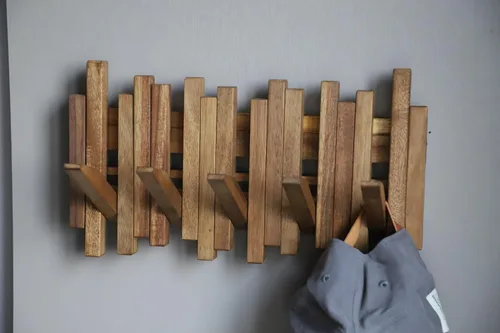 Miniatura 3 de Perchero de Piano de Madera Natural Montado en la Pared Perchero de Pared Gancho de Pared Abatible con 5 Ganchos Gancho de Pared para Entrada