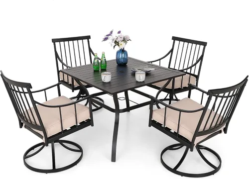 Miniatura 19 de MFSTUDIO Juego de comedor de 5 piezas de metal para patio, juego de muebles para exteriores con 1 mesa cuadrada de madera y 6 sillas de respaldo
