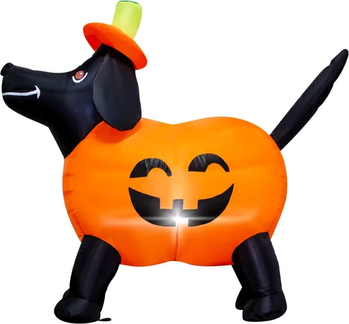 Decoración inflable de calabaza para perro de 4 pies de largo con luces LED, calabaza salchicha de calabaza, decoración inflable para exteriores,