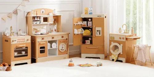 ROBUD Cocina de Juguete de Madera, Juego de Cocina 4-en-1 para Niños con Refrigerador, Lavadora, Lavavajillas, Juego de Cocina de Rol para Niños